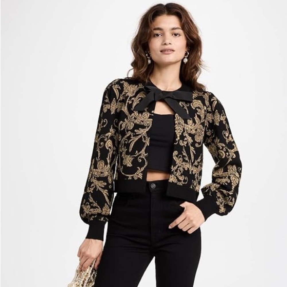Alice and Olivia Gold Embroidered Puff Sleeve Cardigan